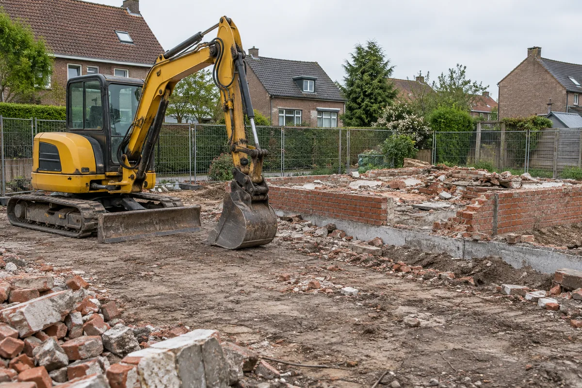 Graafmachine met neergelaten bak naast de lage bakstenen resten van een afgebroken bijgebouw