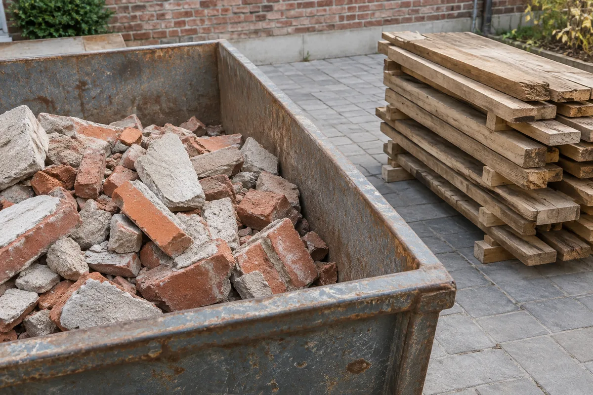 Gesorteerd sloopafval met baksteenpuin in een container en een afzonderlijke stapel houten balken