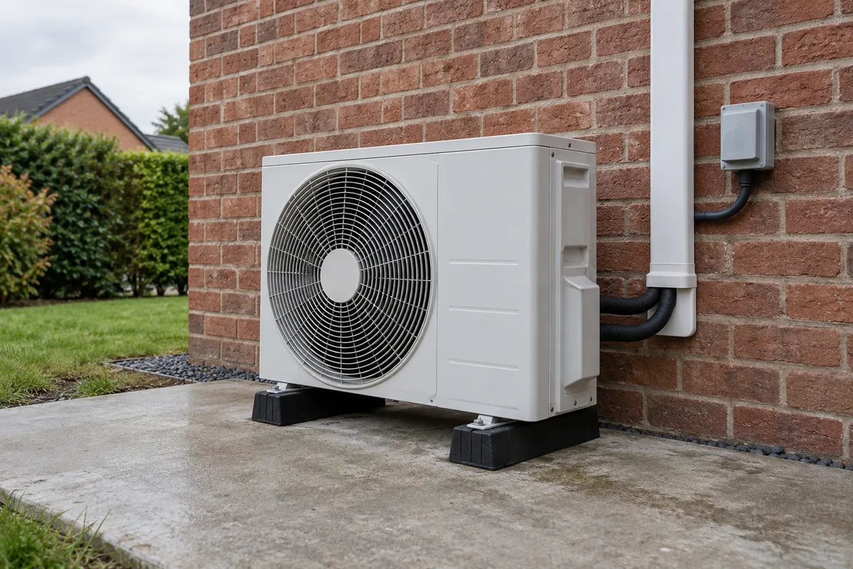 Airco-buitenunit op trillingsdempende montagebalken met geïsoleerde leidingen en een witte leidinggoot
