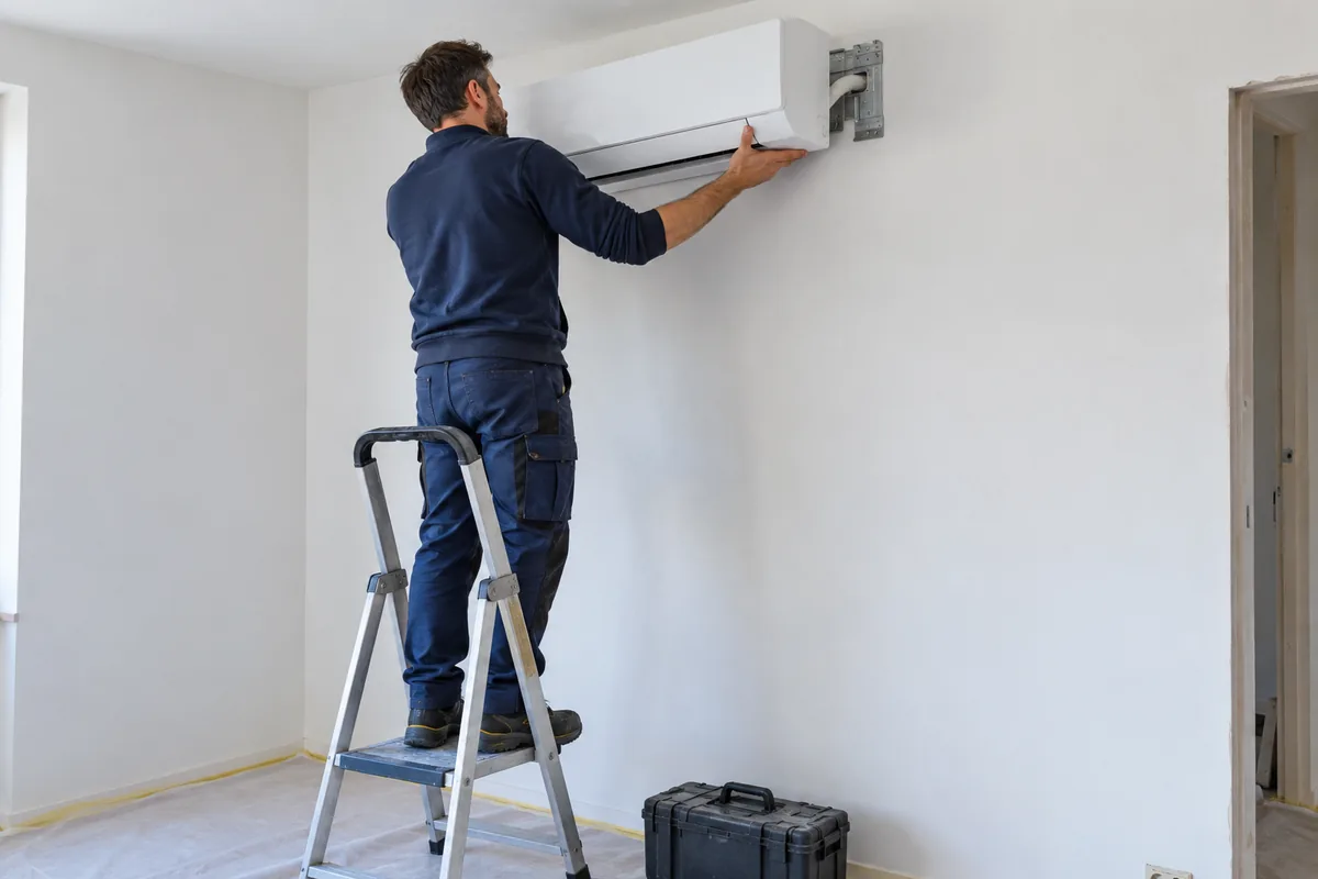 Airco-installateur monteert een binnenunit op een wandbeugel vanaf een platformtrap