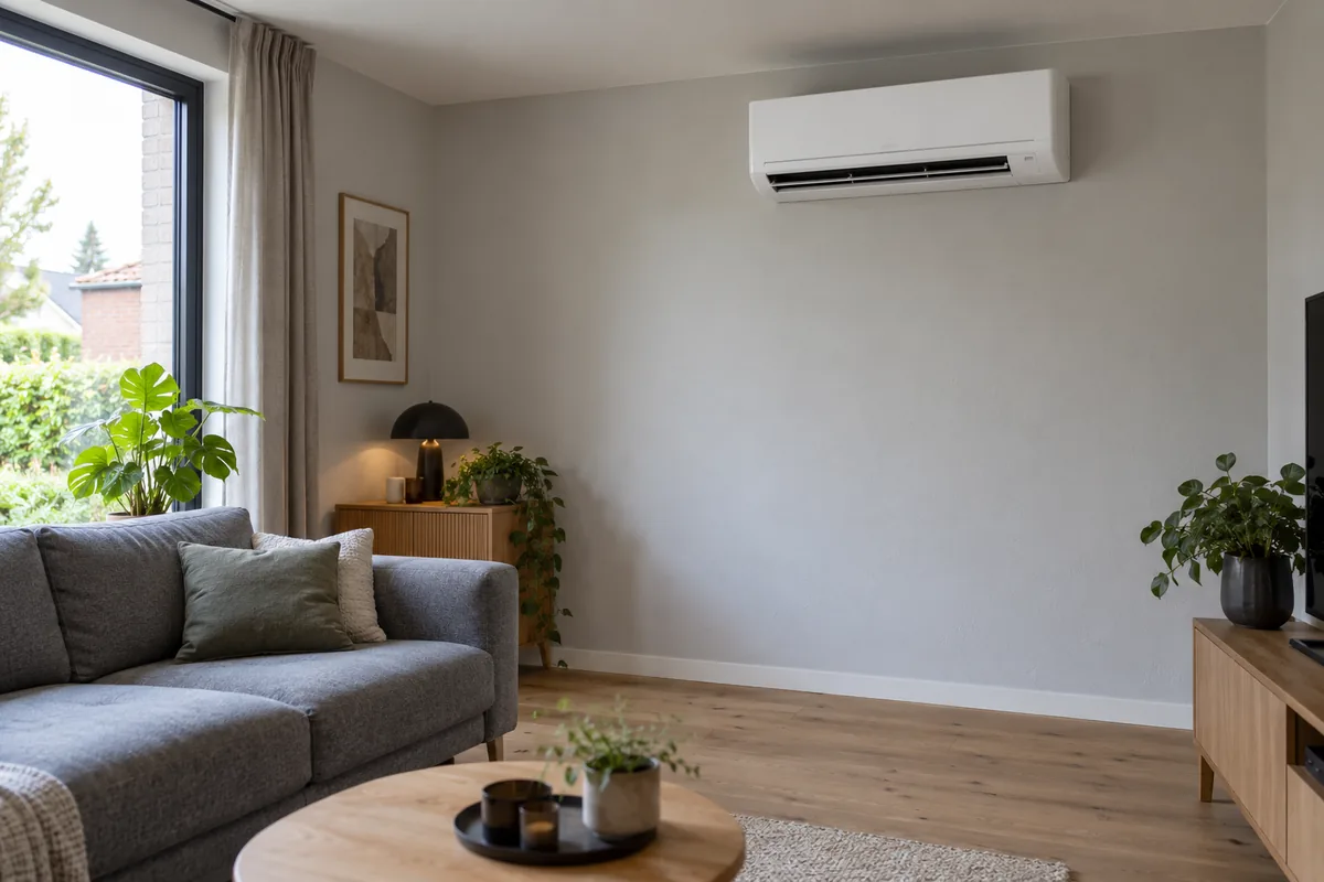 Geplaatste split-airco met een witte binnenunit aan de wand van een woonkamer