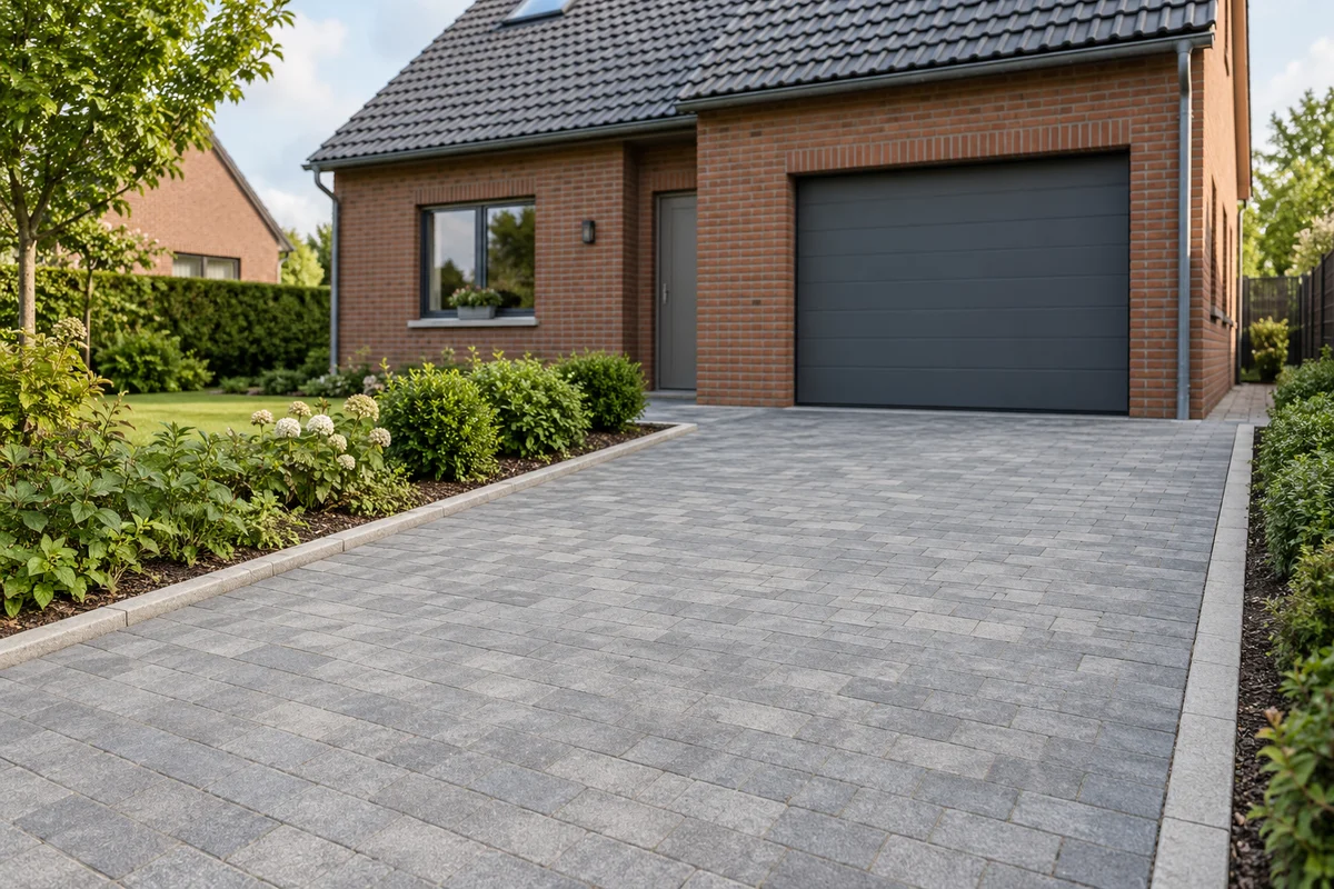 Allée de garage en pavés de béton gris bordée de plantations devant une maison en briques