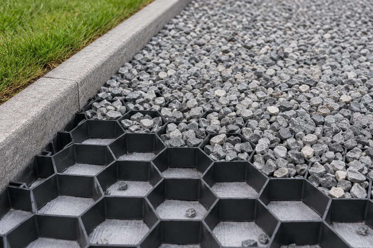 Détail de dalles alvéolaires partiellement remplies de gravier pour une allée stabilisée