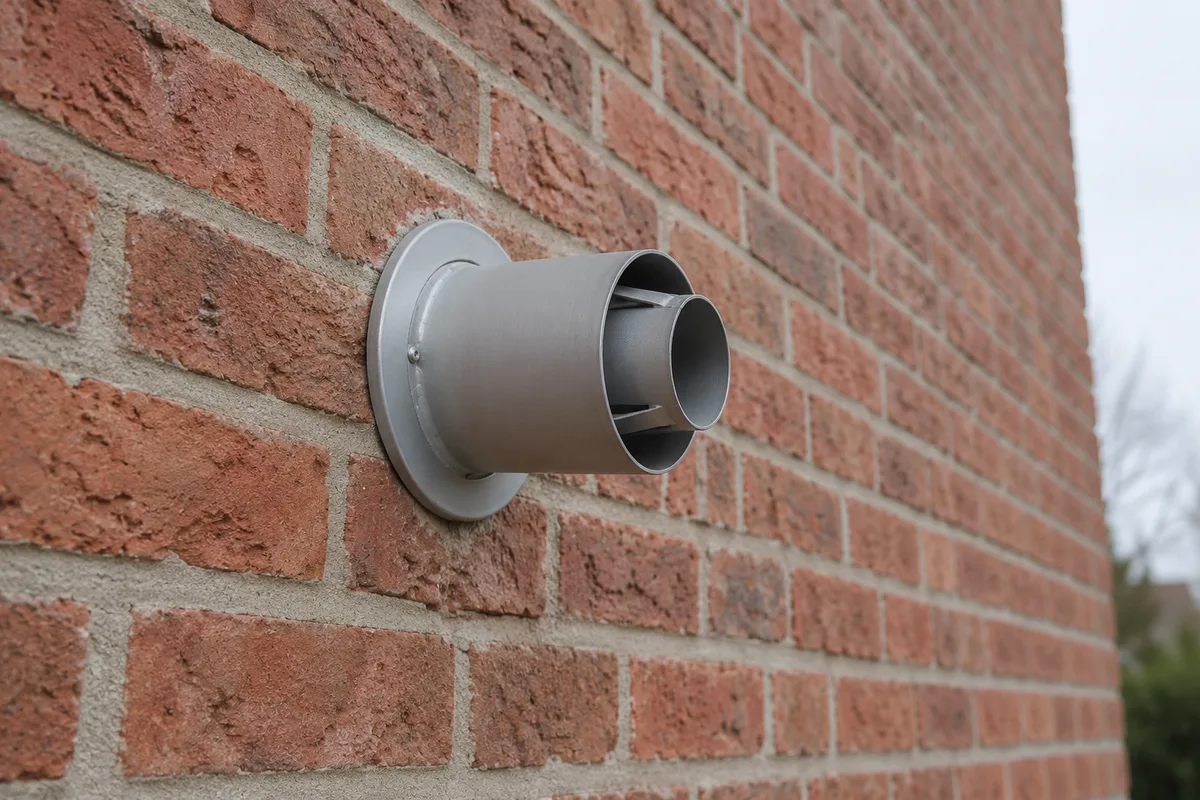 Sortie concentrique d'évacuation des fumées de chaudière dans une façade en briques