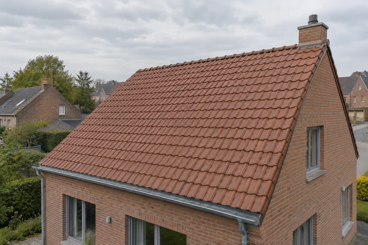 Hellend dak met keramische dakpannen, nokafwerking en dakgoot op een bakstenen woning