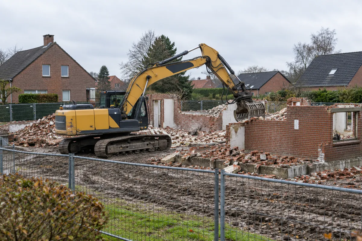 Pelle mécanique démolissant les murs en briques d'une maison sur un chantier clôturé