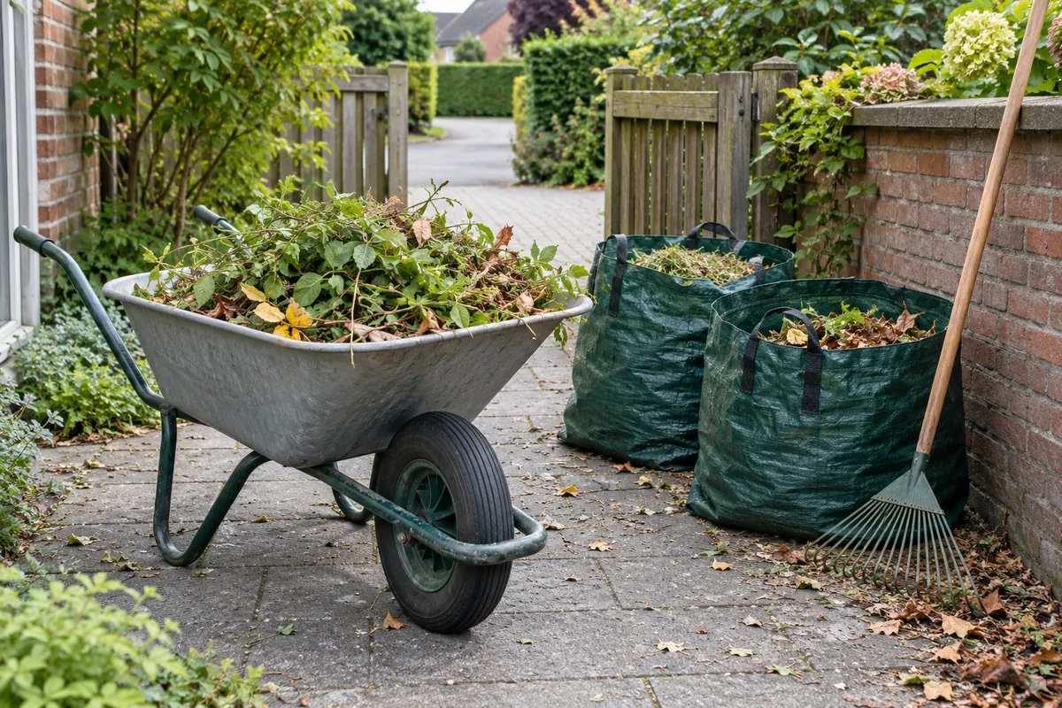 Déchets verts d'entretien du jardin rassemblés dans une brouette et des sacs près du portail
