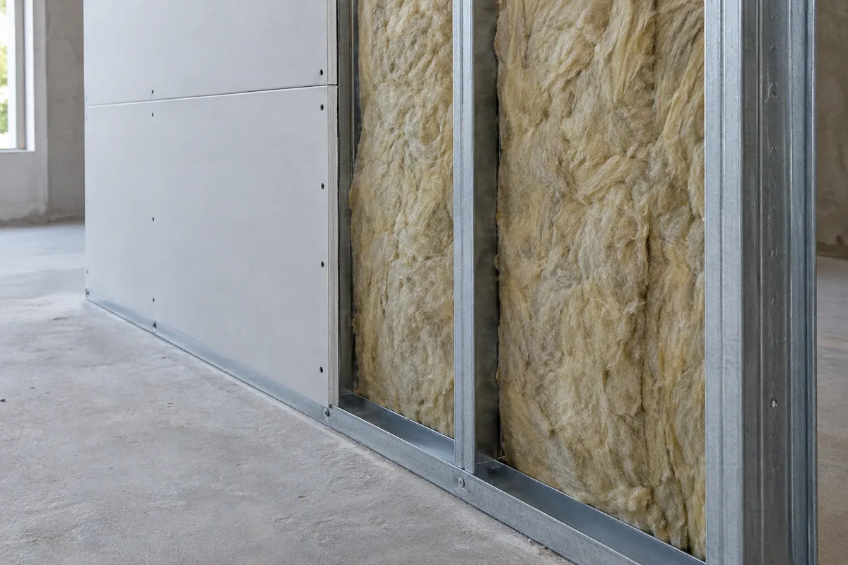 Gipsplaten wand in opbouw met metalen profielen en minerale wol tussen de stijlen