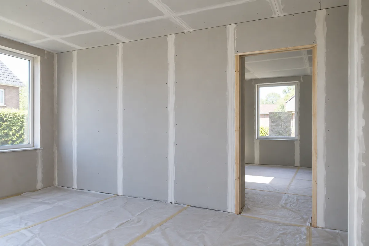 Gyproc scheidingswand met deuropening en een gipsplaten plafond tijdens de binnenafwerking