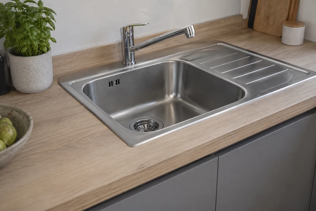 Évier en inox et mitigeur sur un plan de travail stratifié aspect bois dans une cuisine rénovée