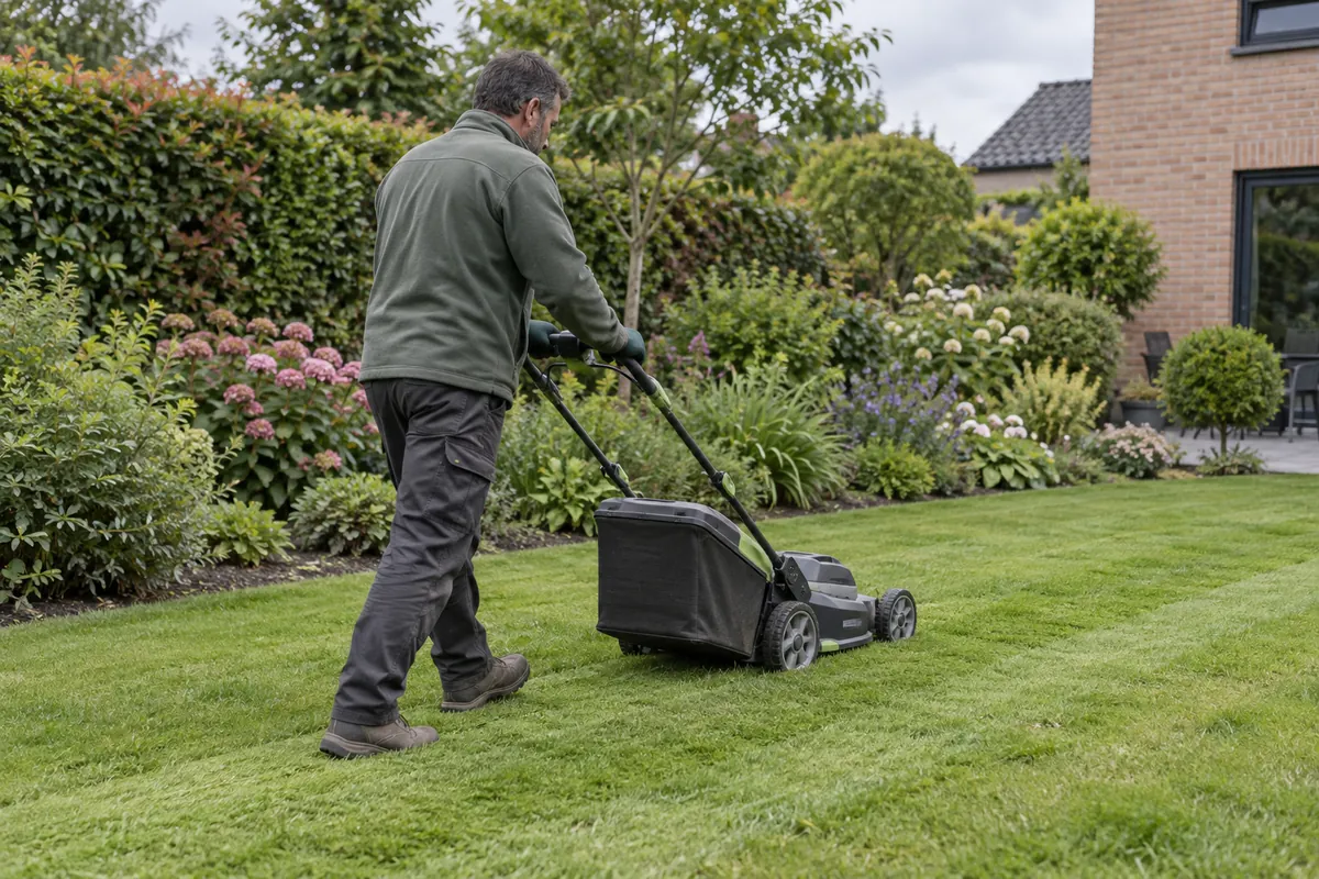 Jardinier passant une tondeuse sur la pelouse le long de massifs fleuris dans un jardin