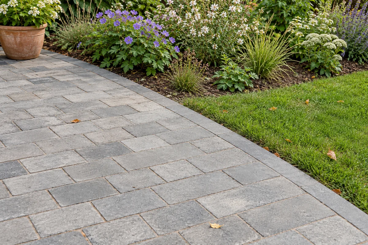 Détail d'un chemin en pavés de béton bordé de plantations et de gazon dans un jardin aménagé