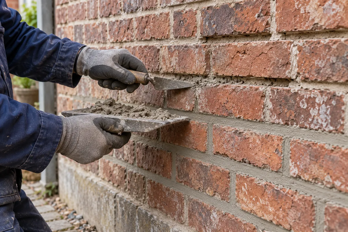 Maçon remplissant un joint de façade à la truelle, avec du mortier sur une taloche et des gants de protection