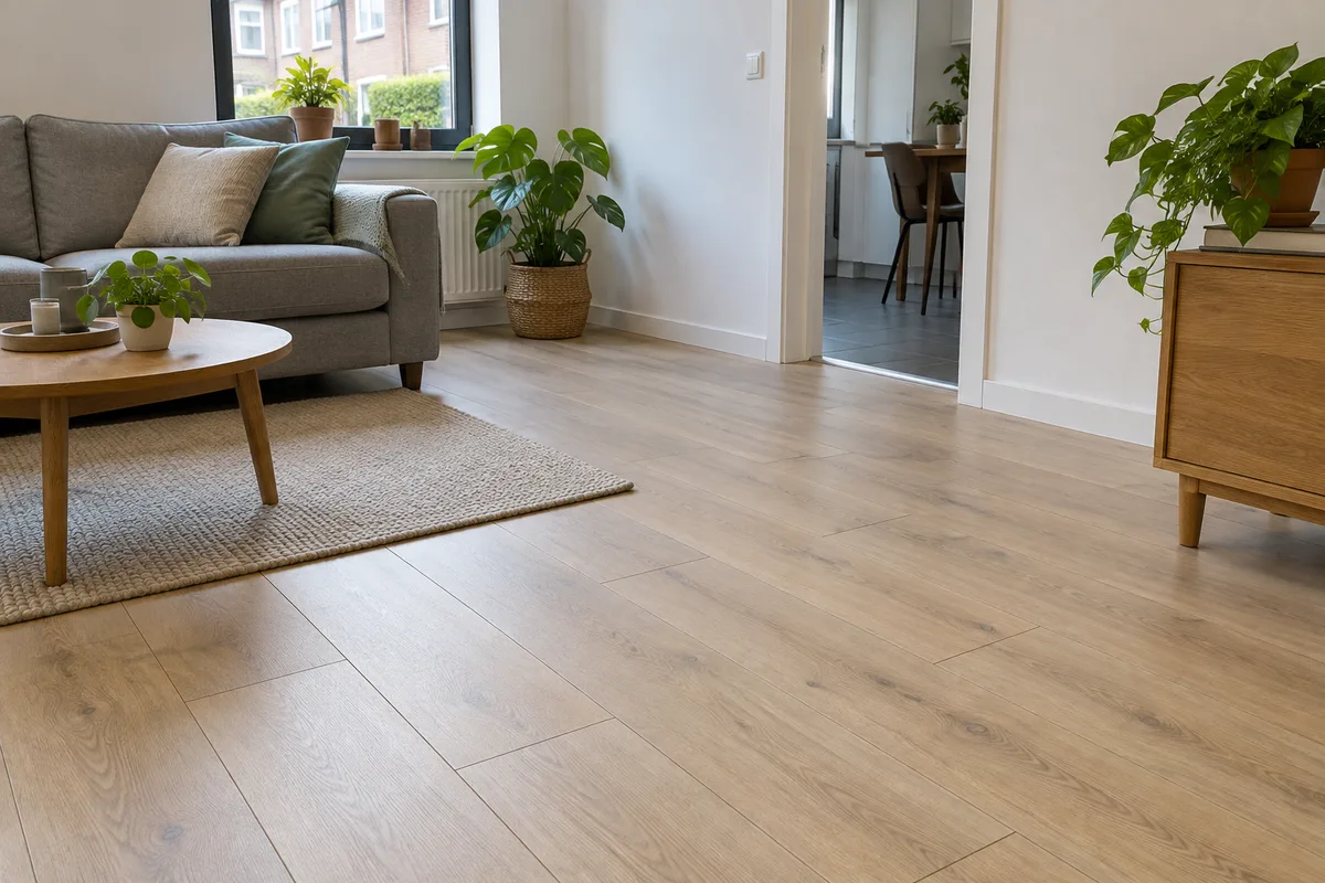Gelegde laminaatvloer met eikenlook, verspringende planken en witte plinten in een woonkamer