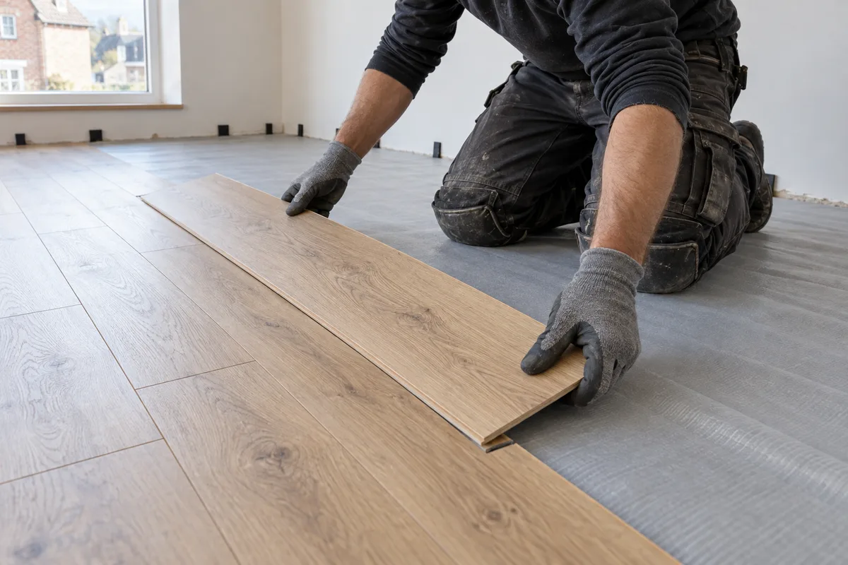 Vloerlegger klikt een laminaatplank in de gelegde rij op een vlakke ondervloer