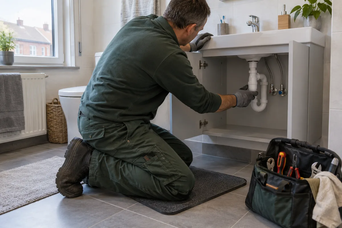 Loodgieter controleert de sifon en aansluitingen onder een wastafel in een badkamer