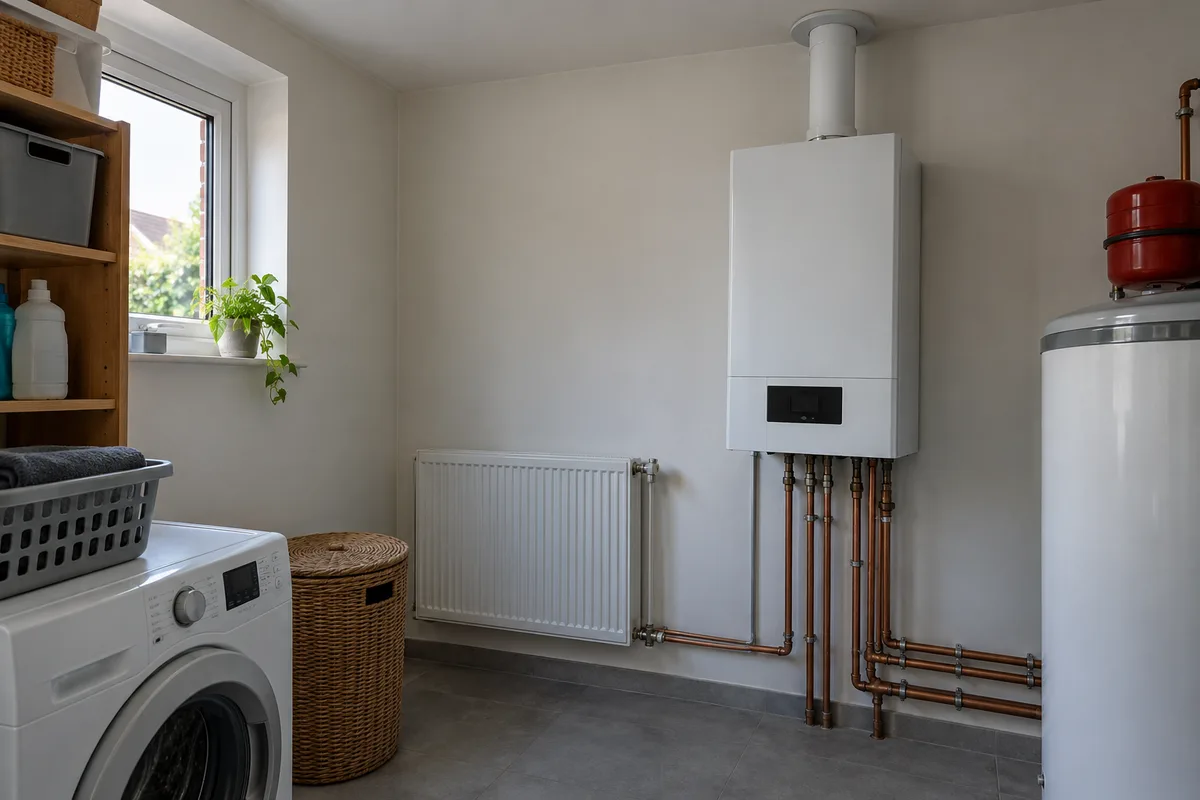 Gesloten wandketel met koperen leidingen en een radiator in een bijkeuken