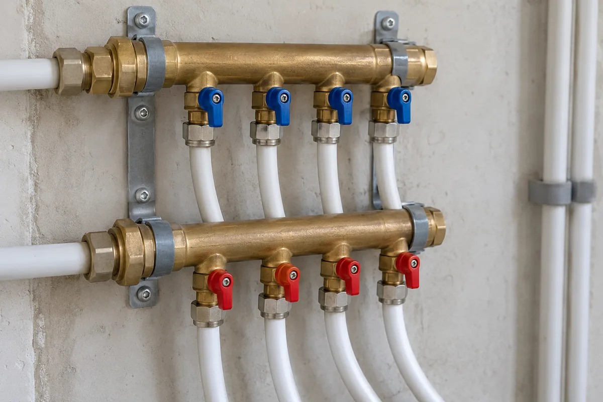 Messing collectoren voor waterleidingen met rode en blauwe afsluiters en witte meerlagenbuizen