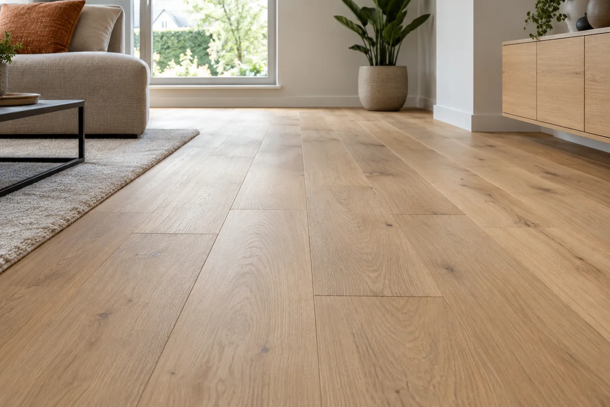 Parquet en chêne à lames droites et joints décalés dans un salon lumineux