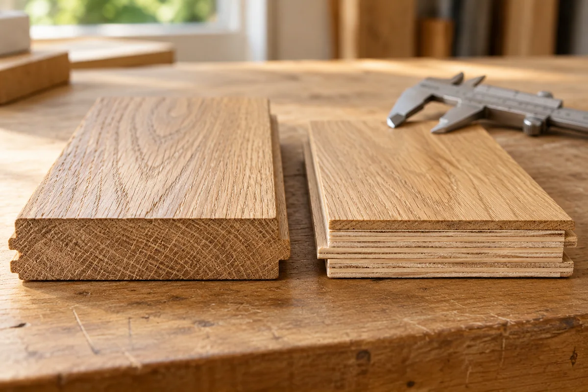 Lame de parquet massif en chêne à côté d'un parquet contrecollé montrant ses couches de support