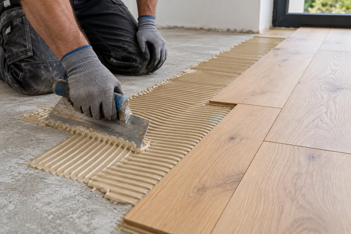 Poseur de parquet étalant la colle avec une spatule crantée sur la chape près des lames en chêne