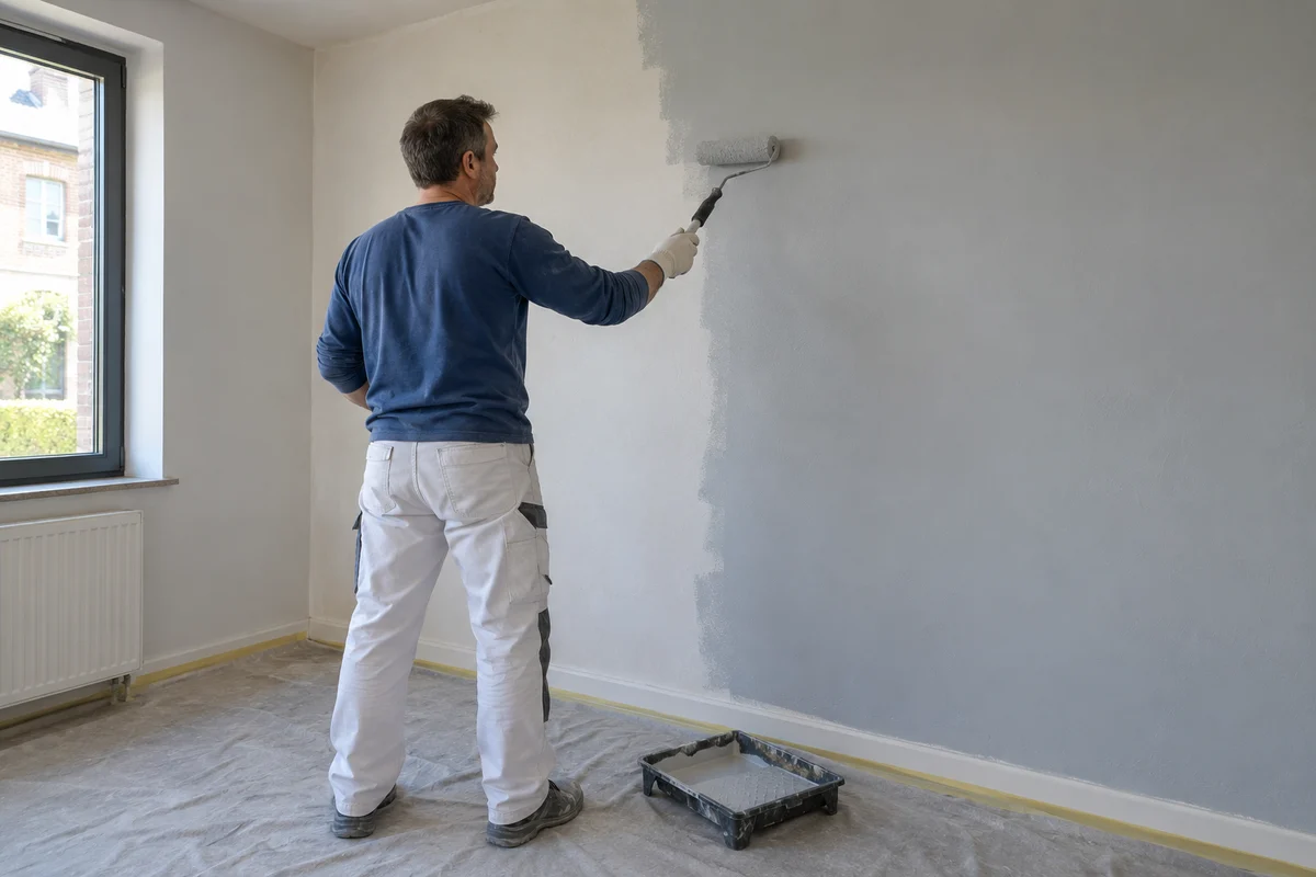 Peintre appliquant au rouleau une peinture grise sur un mur intérieur, avec le sol protégé