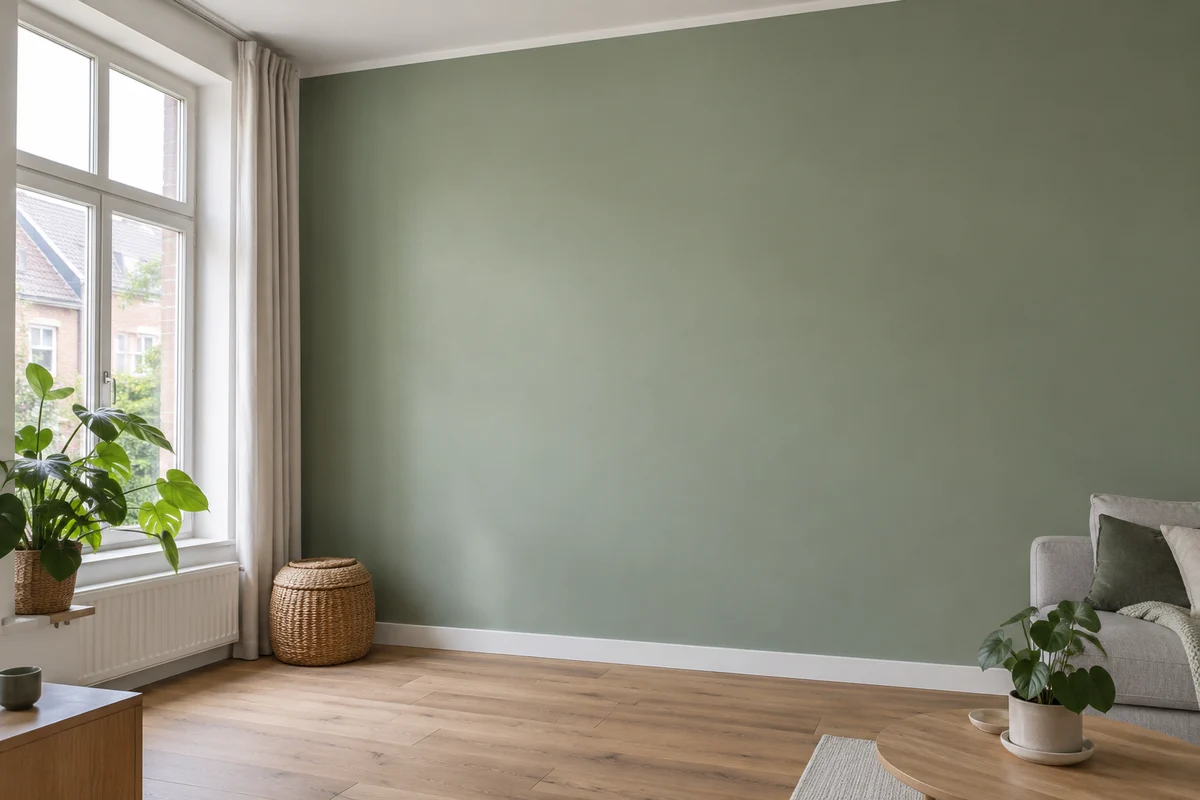 Mur de salon peint en vert sauge mat, avec plafond blanc, plinthes blanches et parquet