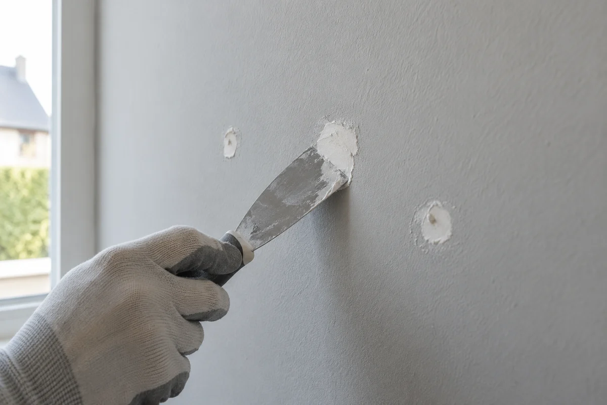 Rebouchage de petits trous dans un mur avec un couteau à enduire, avant la mise en peinture