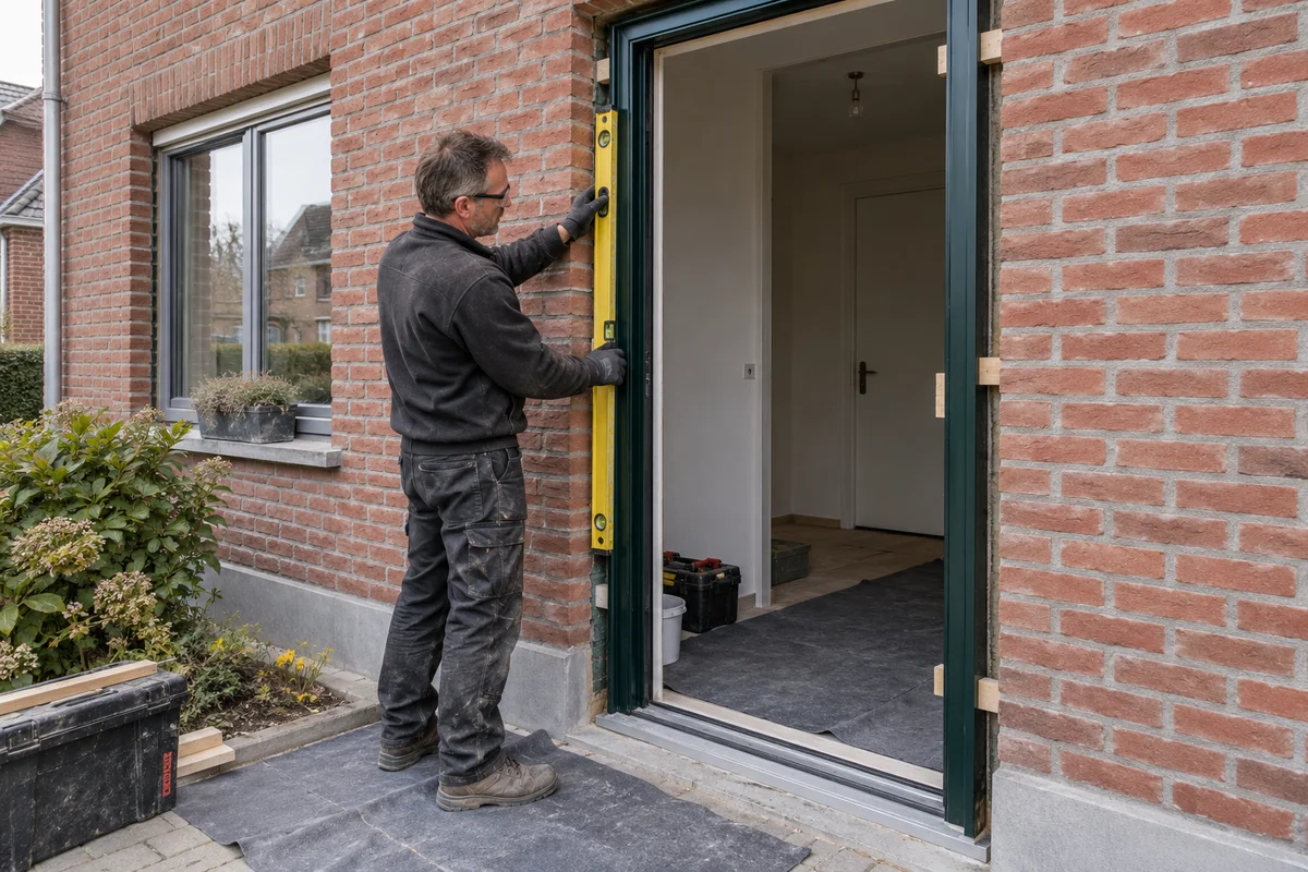 Menuisier vérifiant au niveau l'aplomb du dormant d'une porte extérieure avant la pose de l'ouvrant