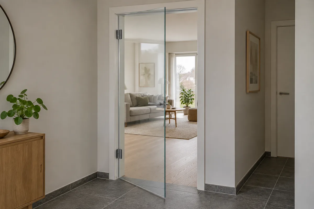 Porte intérieure vitrée battante entre un hall carrelé et un séjour, avec charnières métalliques