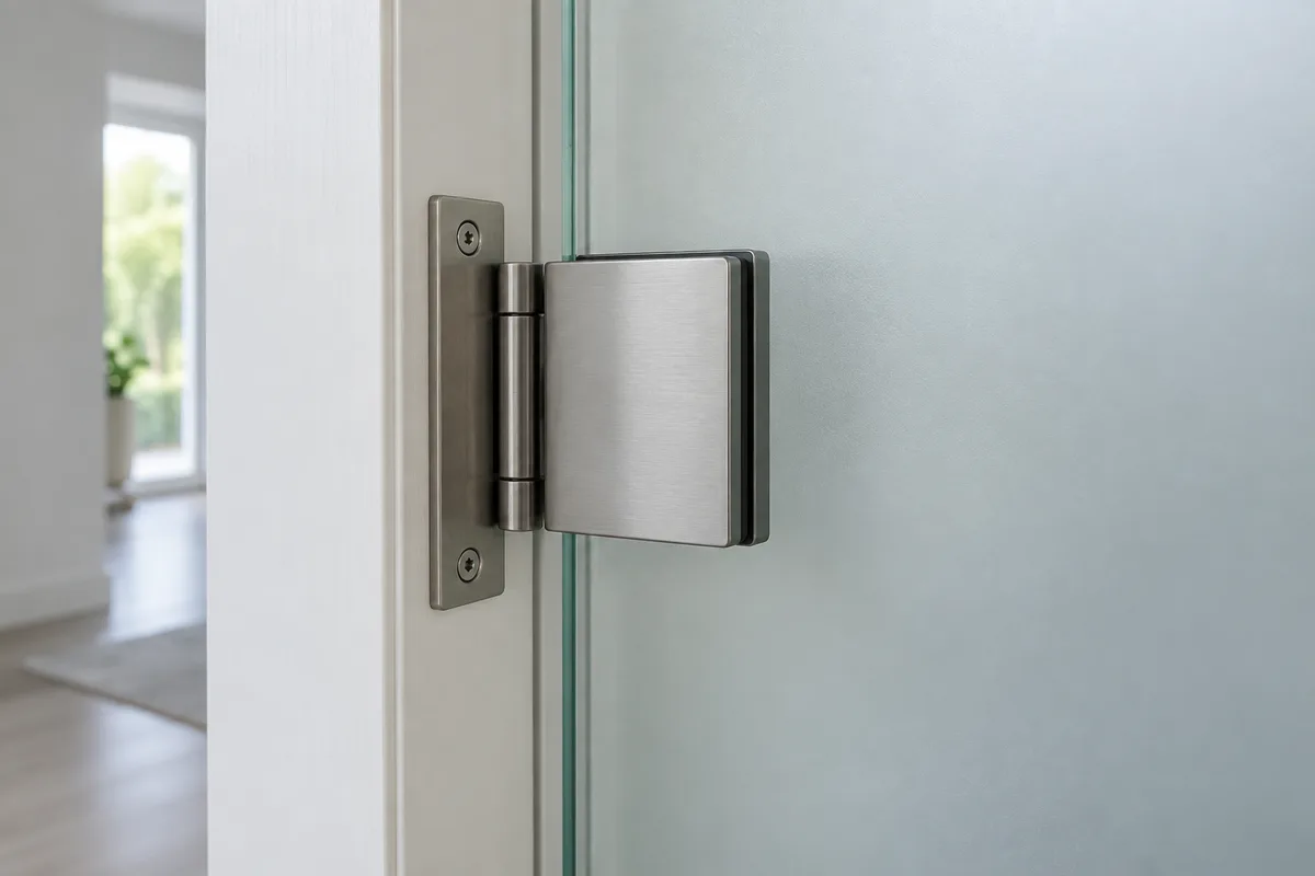 Détail d'une charnière métallique avec joint de protection sur une porte en verre satiné