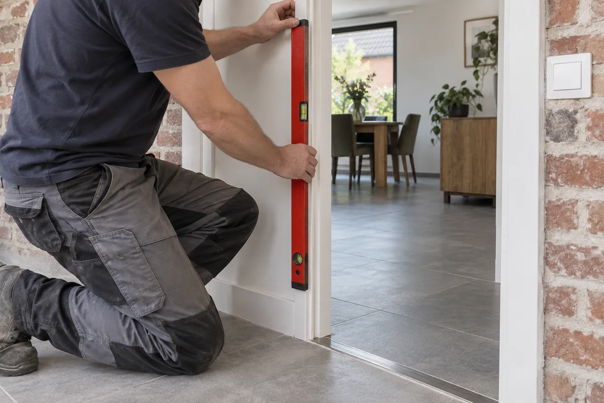 Artisan contrôlant l'aplomb de l'huisserie au niveau à bulle avant la pose d'une porte vitrée