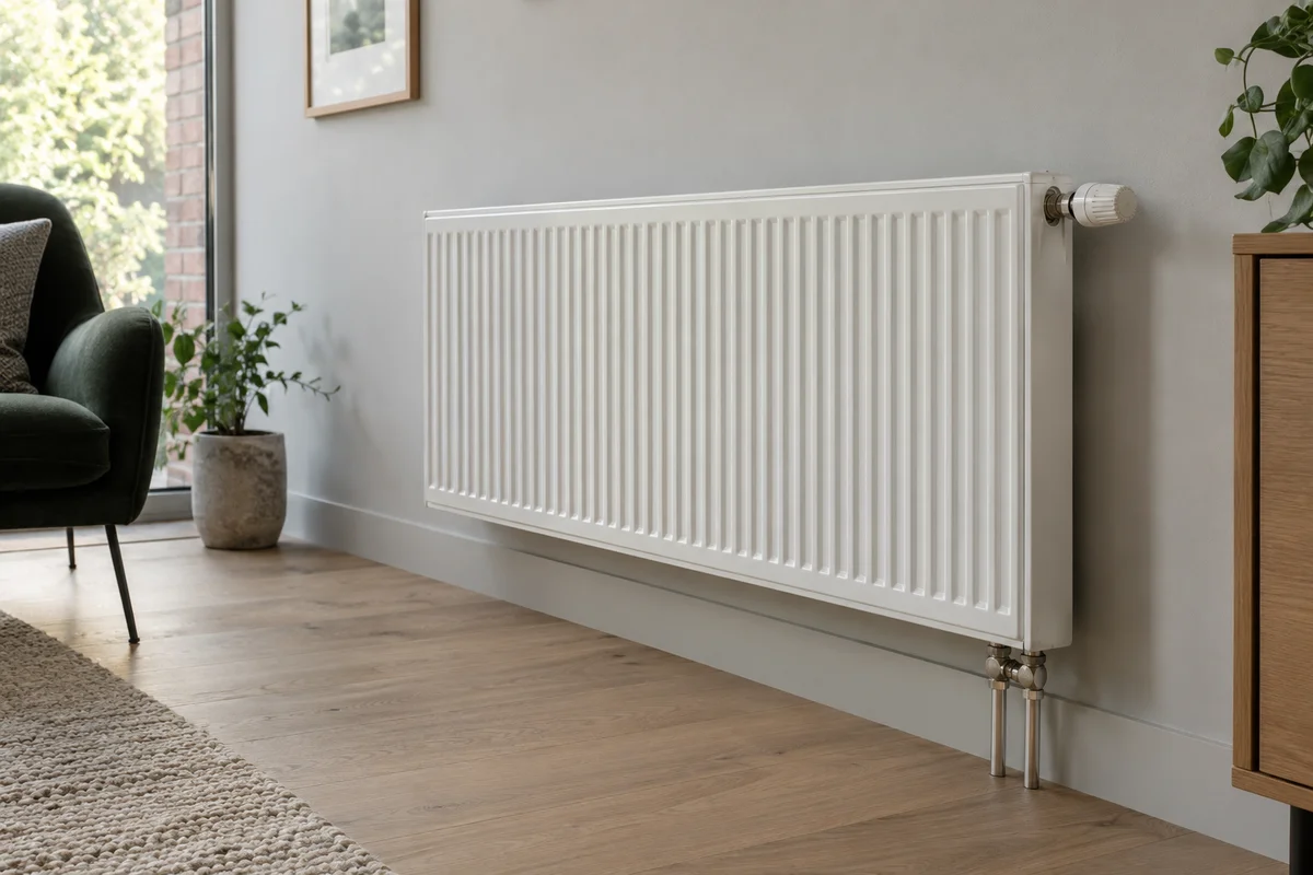 Radiateur à panneaux en acier blanc avec raccordement inférieur dans un salon