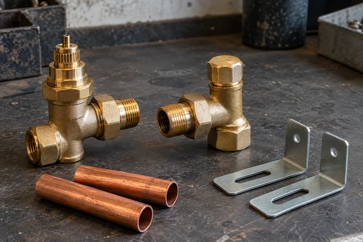 Vannes en laiton et tubes en cuivre pour le raccordement d'un radiateur