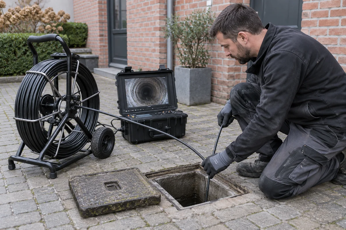 Technicien guidant une caméra d'inspection dans un regard d'égout, avec enrouleur et écran