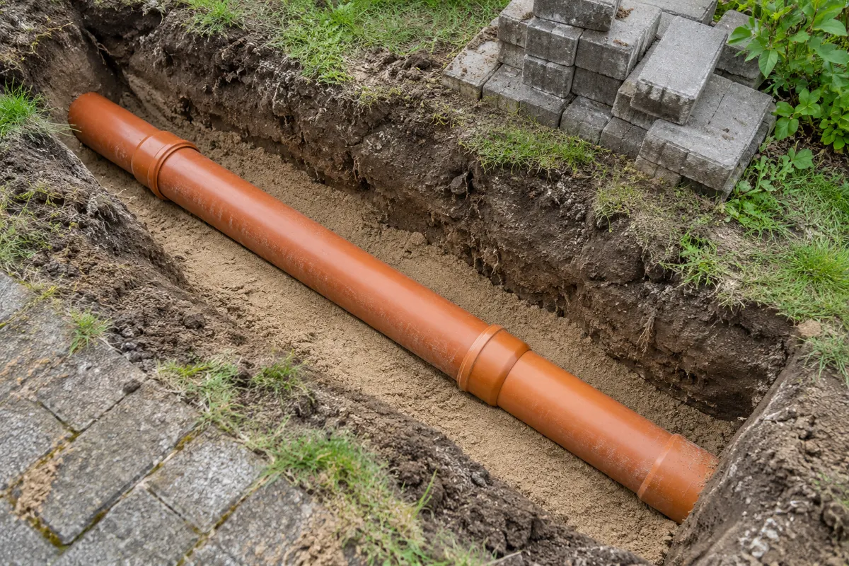 Tronçon d'égout en PVC avec raccords dans une tranchée peu profonde sur un lit de sable