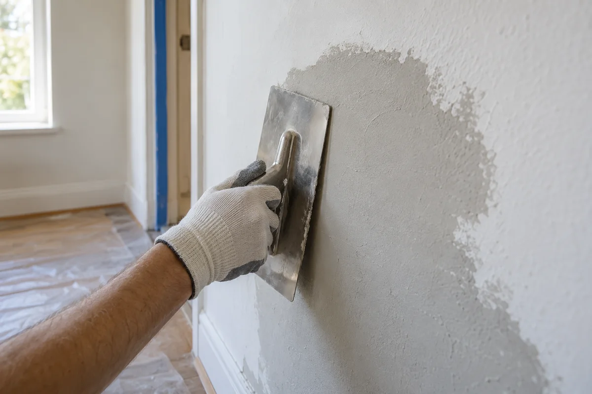 Vakman strijkt een herstelde pleisterplek glad voordat de beschadigde muur wordt geschilderd