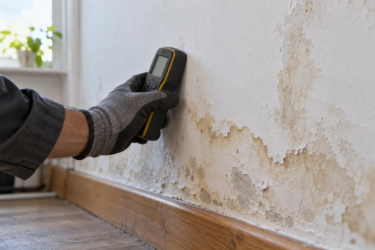 Vochtmeter tegen een muur met waterschade en loskomende pleister tijdens schadeonderzoek