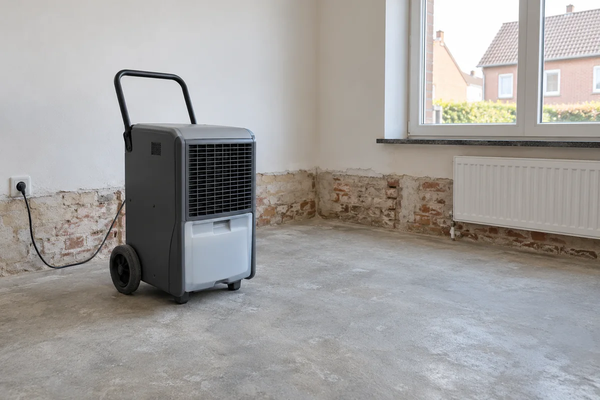 Bouwdroger in een leegstaande kamer met verwijderde plinten en vrijgekomen metselwerk