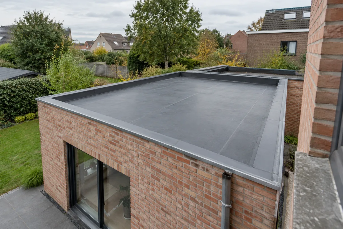 Toiture plate d'une annexe en briques, avec membrane grise et rives métalliques
