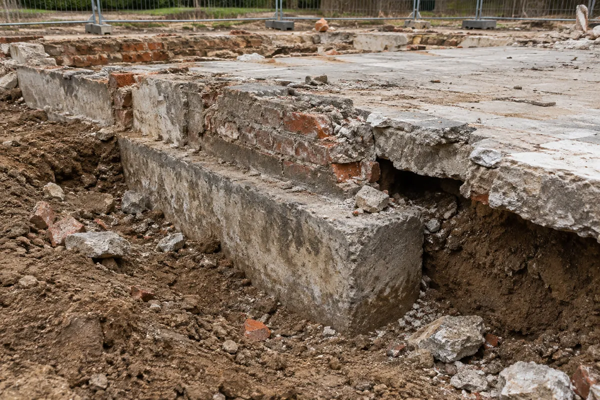Oude betonfundering en vloerplaat in de grond nadat de bovengrondse woning is afgebroken