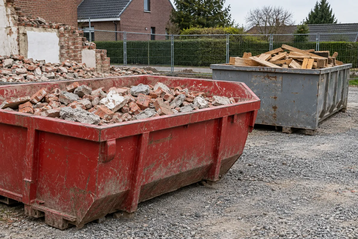 Gescheiden sloopafval in twee containers met steenpuin en houten balken na woningafbraak